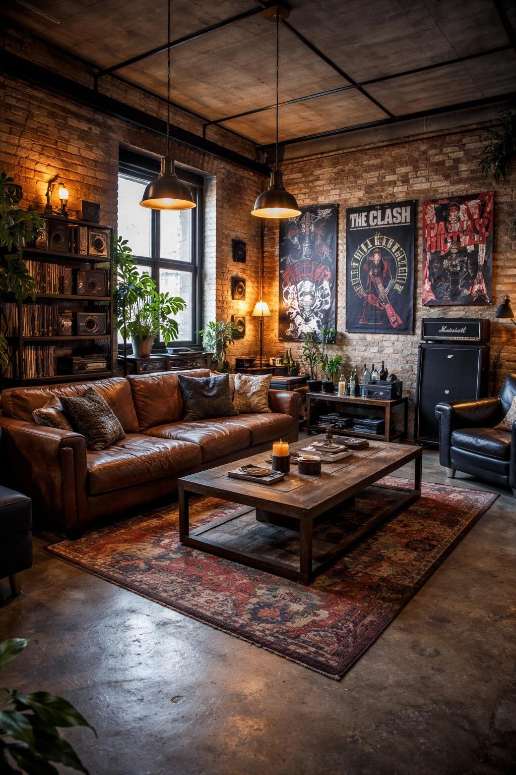 A full view of an apartment living room with exposed brick wallpaper, leather sofa, wooden coffee table, industrial lighting, shelves with records, and plants.