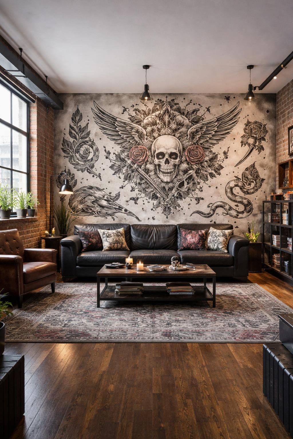 A spacious living room with a leather sofa, coffee table, exposed brick wall, and artistic wall decals resembling tattoo designs, decorated with plants and industrial-style furniture.