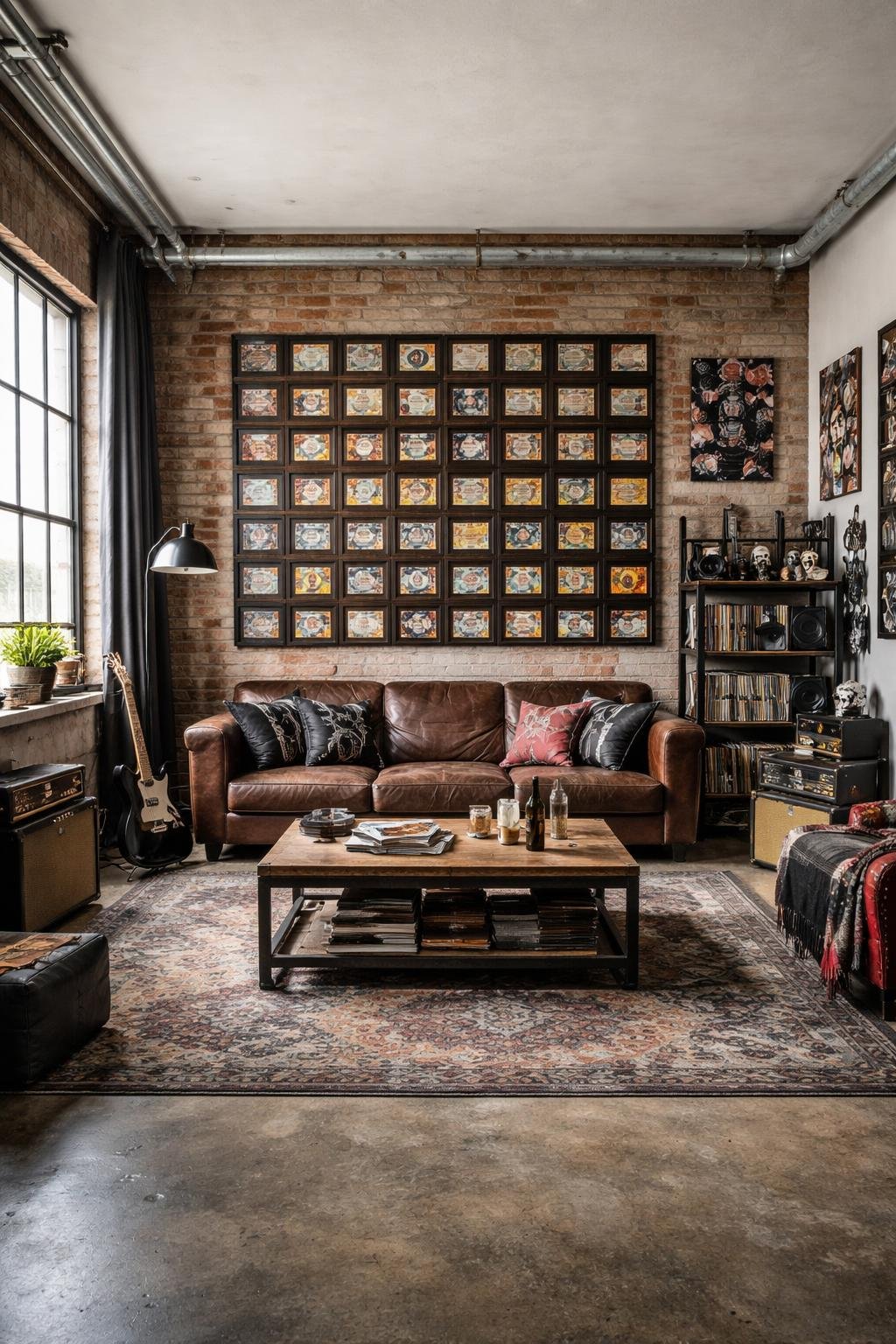 A full view of an apartment living room featuring a wall display of vintage concert tickets in shadow boxes, a leather sofa, wooden coffee table, exposed brick walls, and musical instruments.