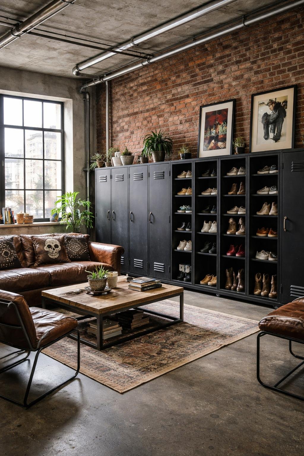 A spacious apartment living room with black metal lockers used for shoe storage, featuring exposed brick walls, leather furniture, and large windows letting in natural light.