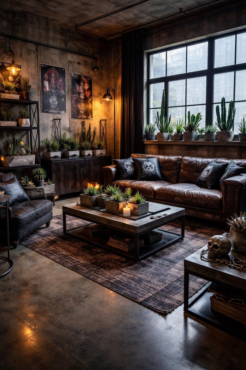 A full view of a living room with concrete walls, dark furniture, and concrete planters with succulents arranged throughout the space.