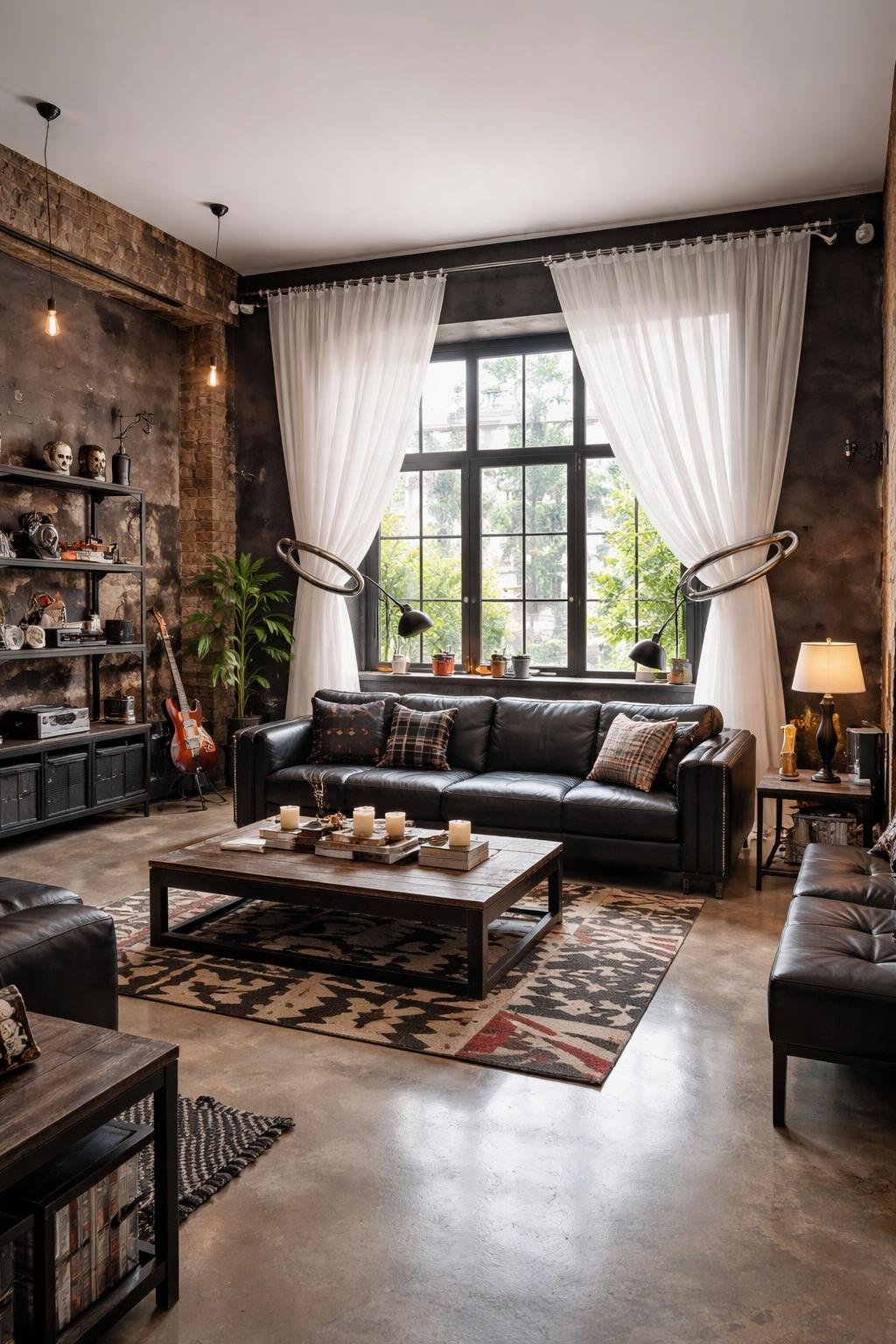 A spacious living room with large windows, a black leather sofa, wooden coffee table, and curtains held back by safety pin tiebacks, with exposed brick walls and decorative shelving.