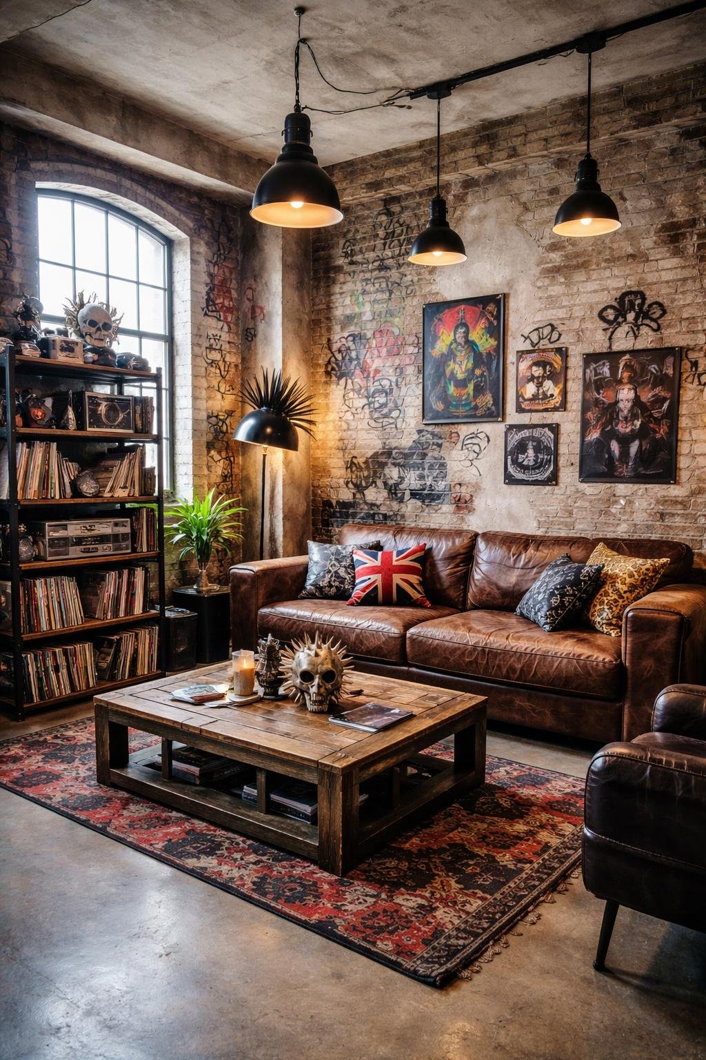 A wide view of a living room featuring exposed brick walls, a leather sofa, a wooden coffee table, a metal bookshelf, and large windows letting in natural light.