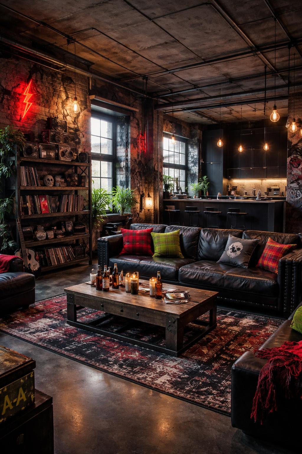 A wide view of a punk-inspired apartment living room with exposed brick walls, leather furniture, industrial lighting, and decorative plants.