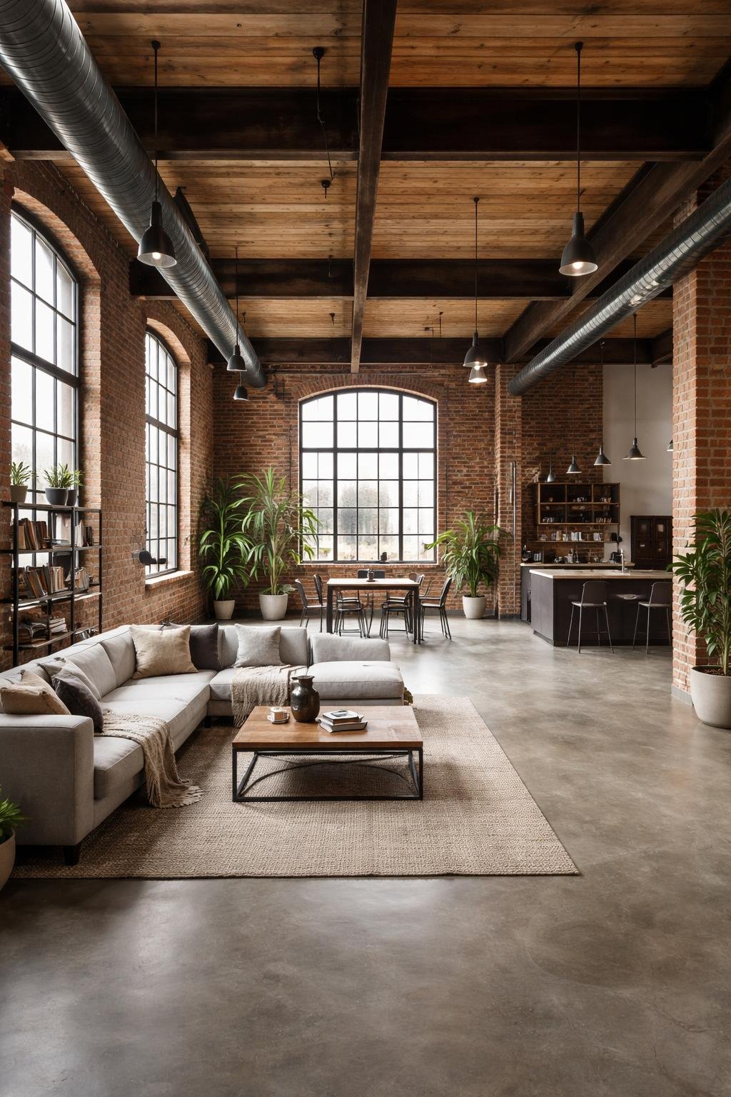 A spacious loft apartment with exposed brick walls, large windows, a sectional sofa, dining table, plants, and industrial lighting, shown in a wide full-room view.