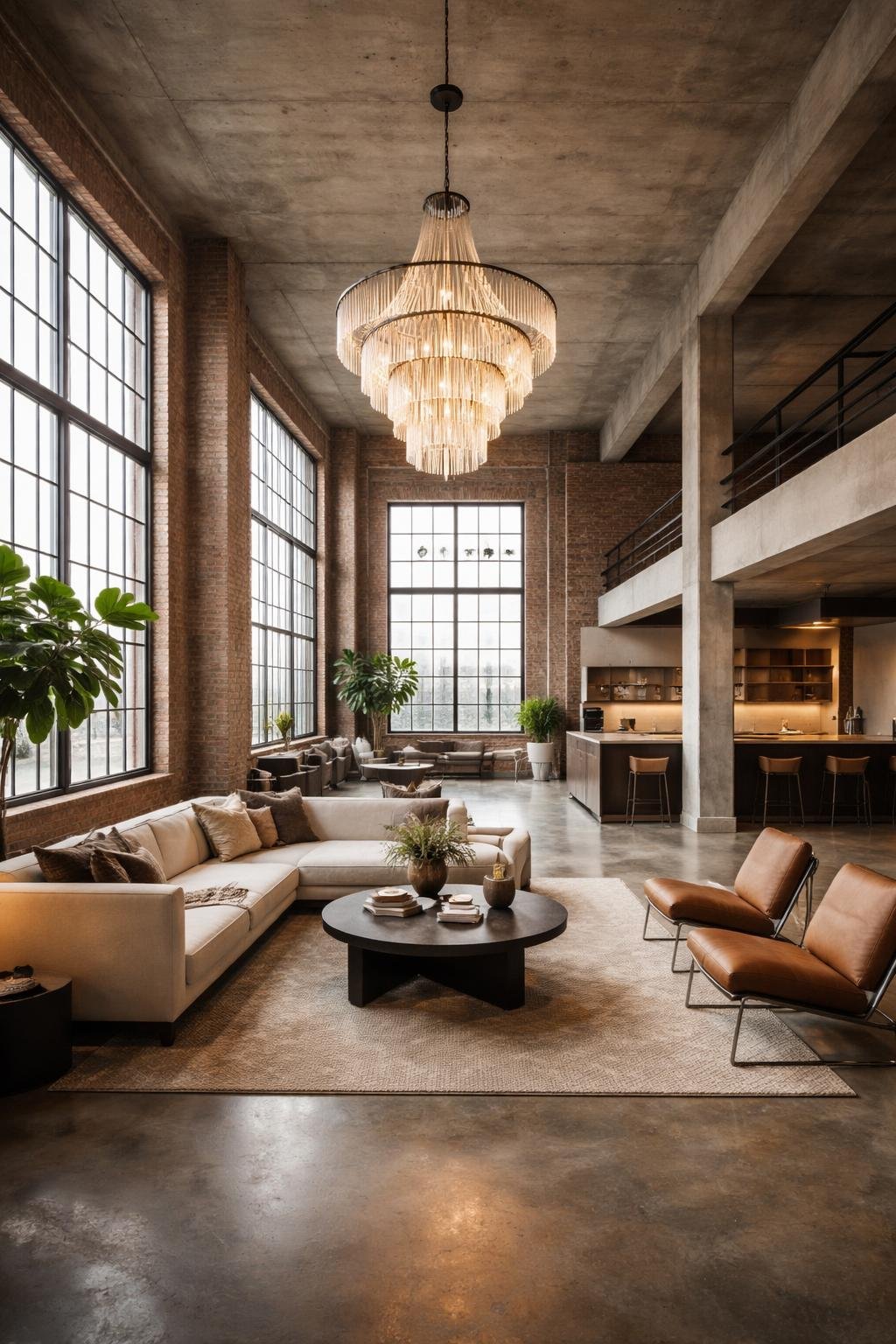 Wide view of a spacious loft apartment with high ceilings, large windows, a hanging chandelier, seating area, and an open kitchen.