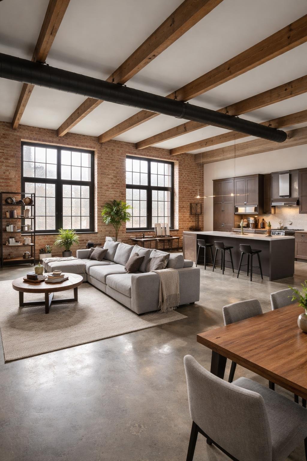 A spacious open plan living area in a warehouse loft apartment with a kitchen, dining table, and seating area visible.