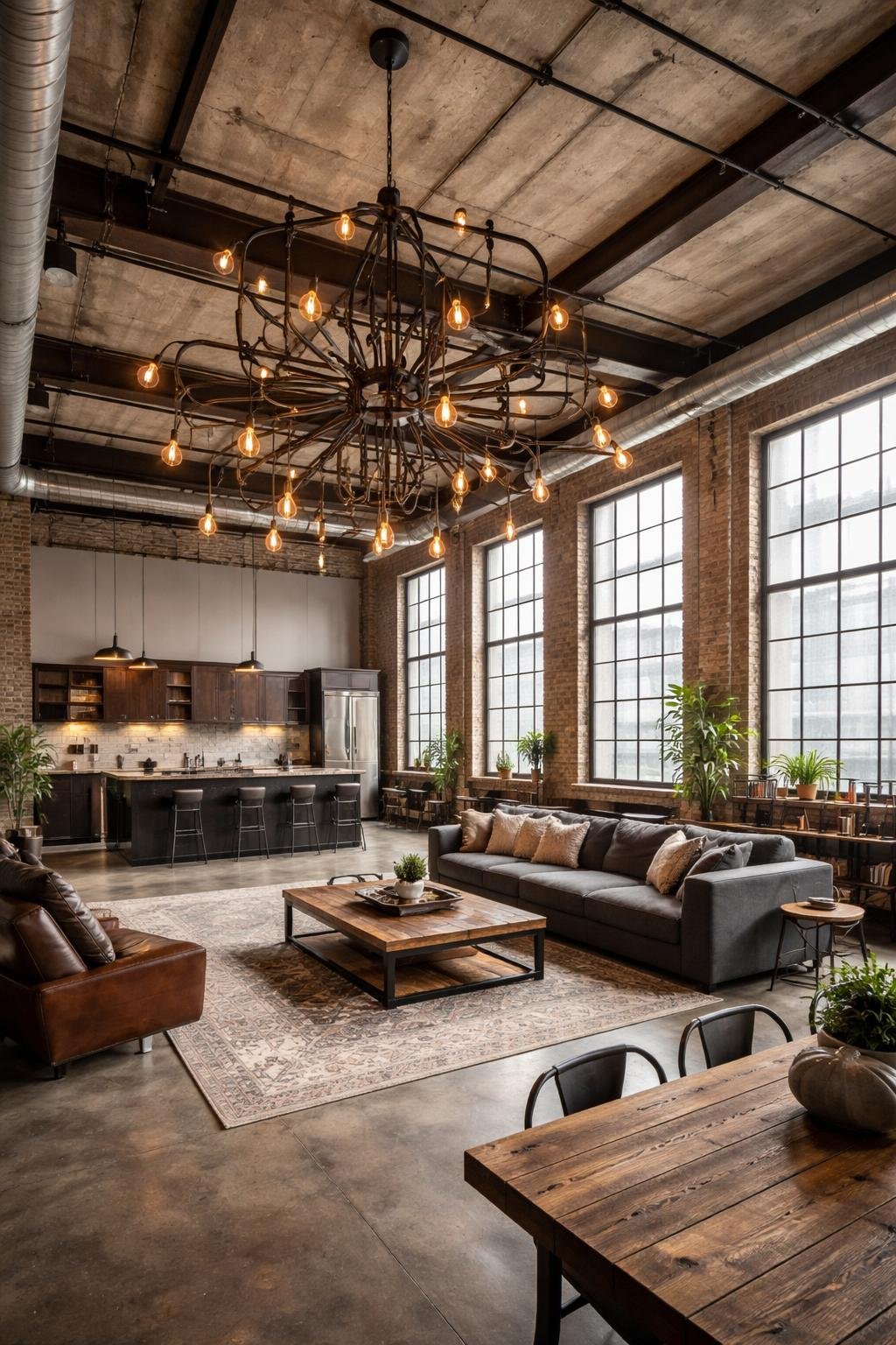 A spacious warehouse loft apartment with exposed brick walls, large windows, and a giant metal industrial chandelier hanging from the ceiling, showing an open living, kitchen, and dining area.