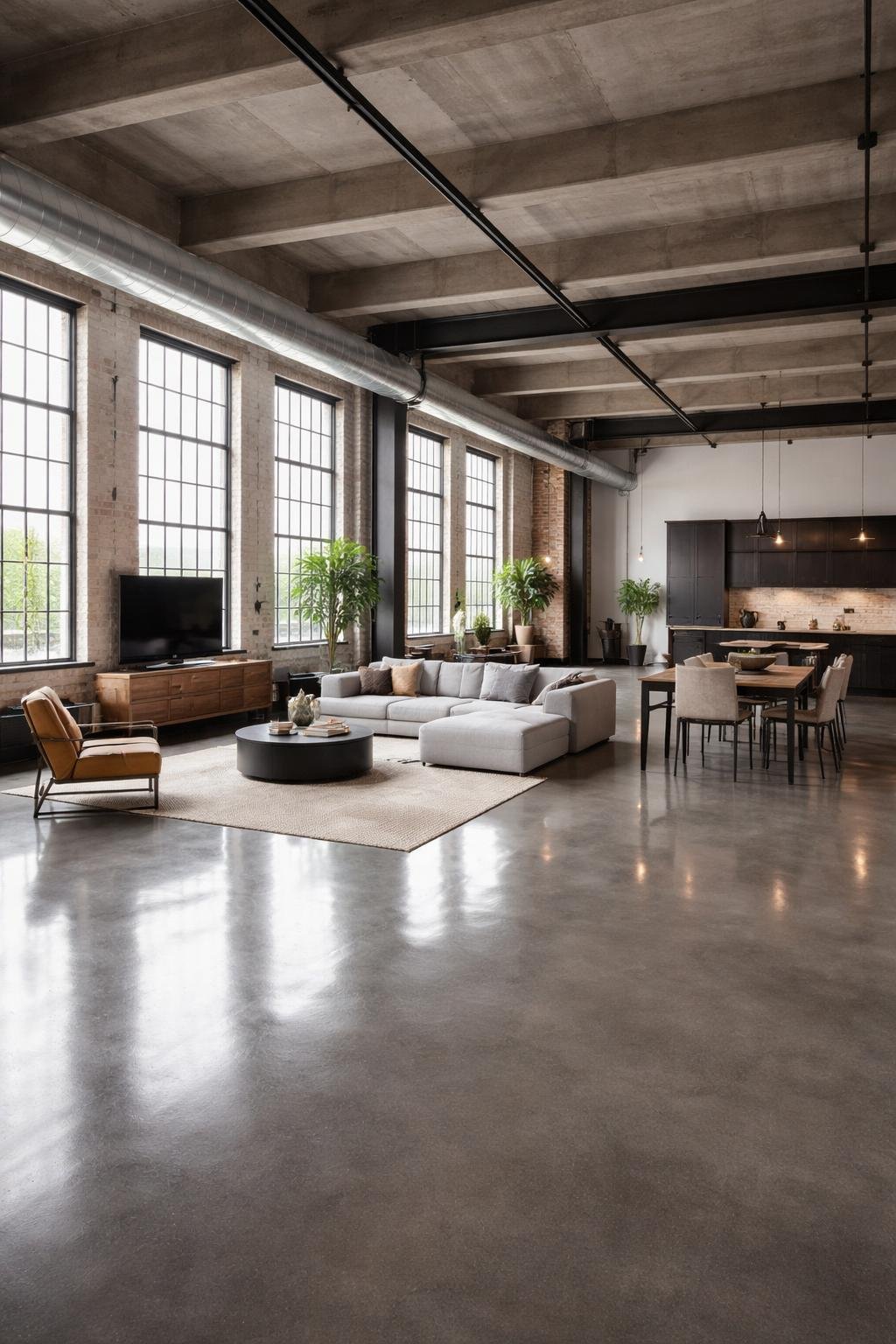 A spacious loft apartment with concrete floors, large windows, exposed beams, and modern furniture arranged in an open living and dining area.