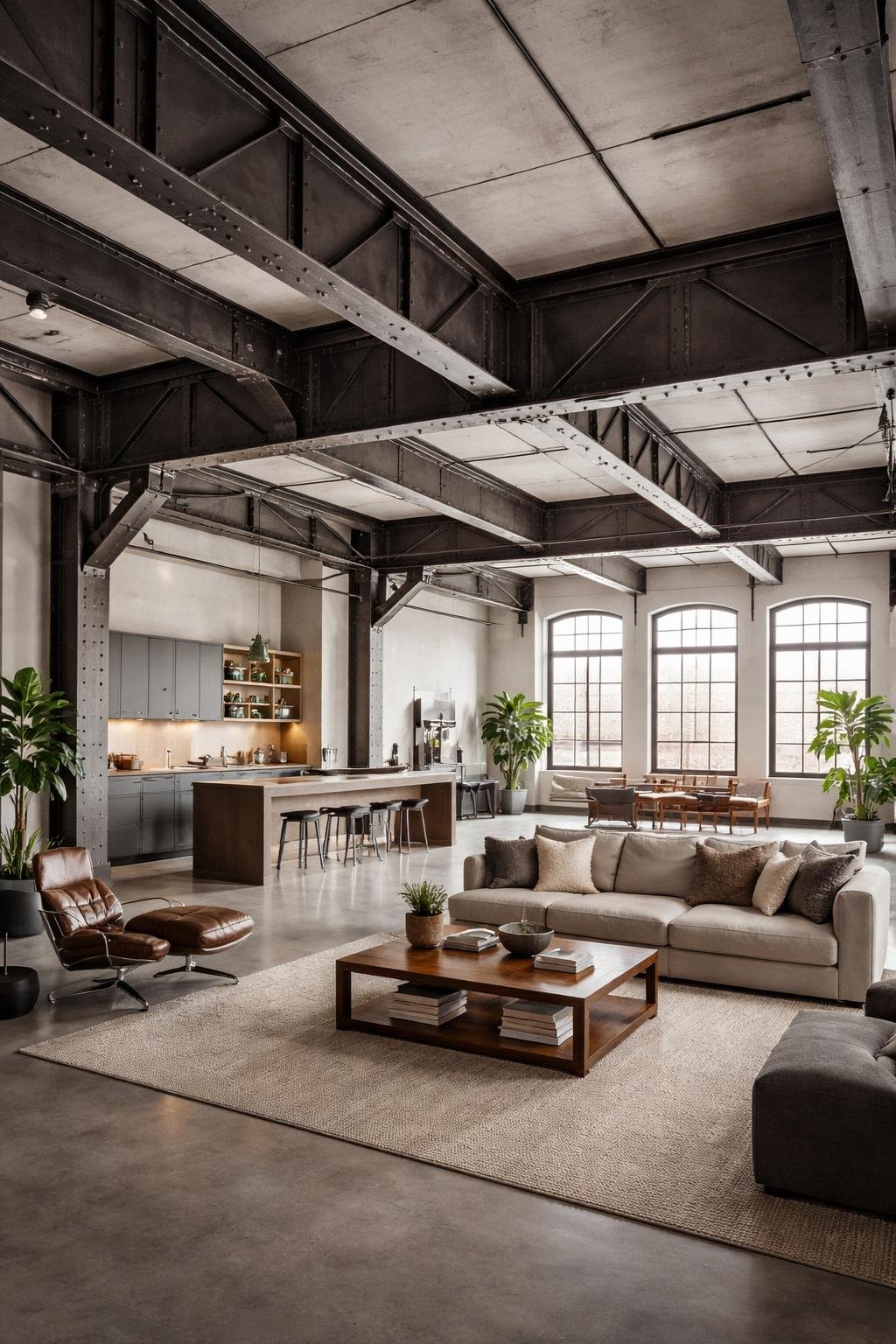 A spacious loft apartment with exposed steel beams, large windows, a living area, and a kitchen in an open floor plan.