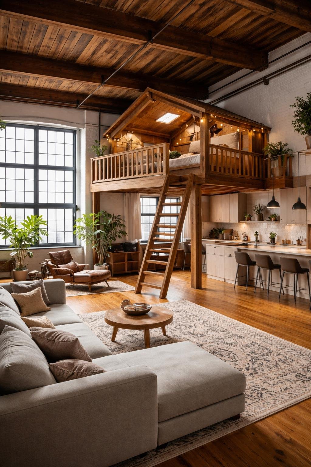 A wide shot of a warehouse loft apartment showing an open living area with a lofted sleeping area elevated above the main space, large windows, exposed beams, and modern furniture.
