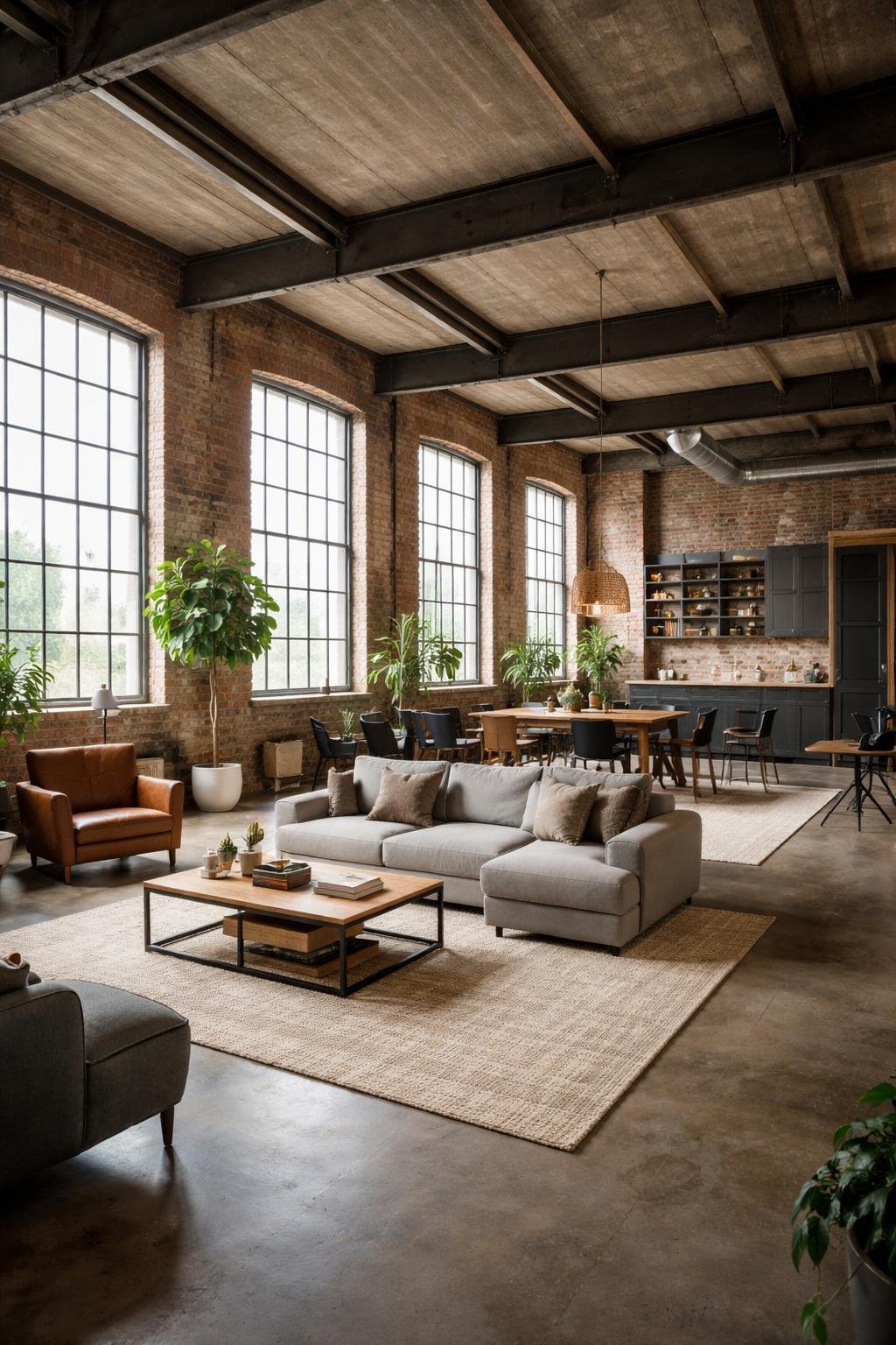A spacious loft apartment with large factory windows, exposed brick walls, and industrial-style furnishings arranged throughout the open room.