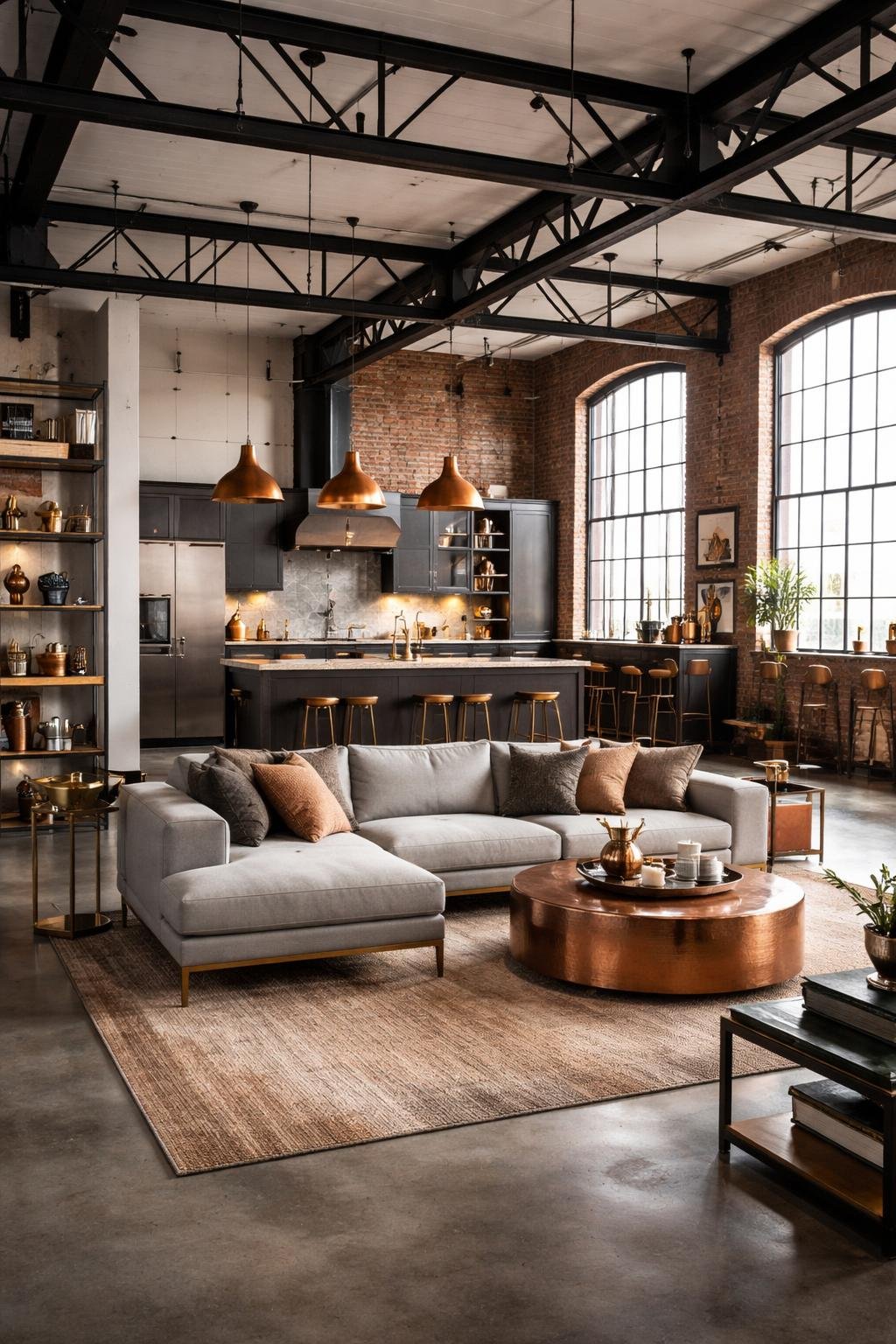 A spacious loft apartment with large windows, exposed brick walls, and an open floor plan featuring a sofa, coffee table, kitchen island, and metal accents throughout.