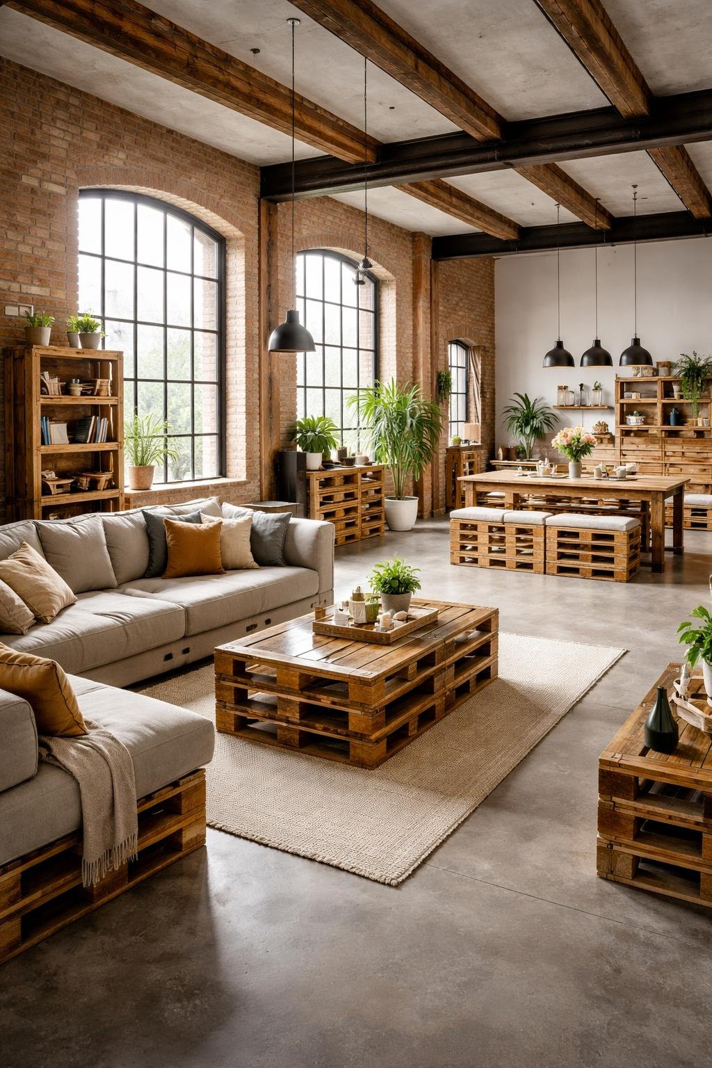 A spacious warehouse loft apartment with exposed brick walls, large windows, and repurposed wood furniture made from pallets arranged throughout the room.