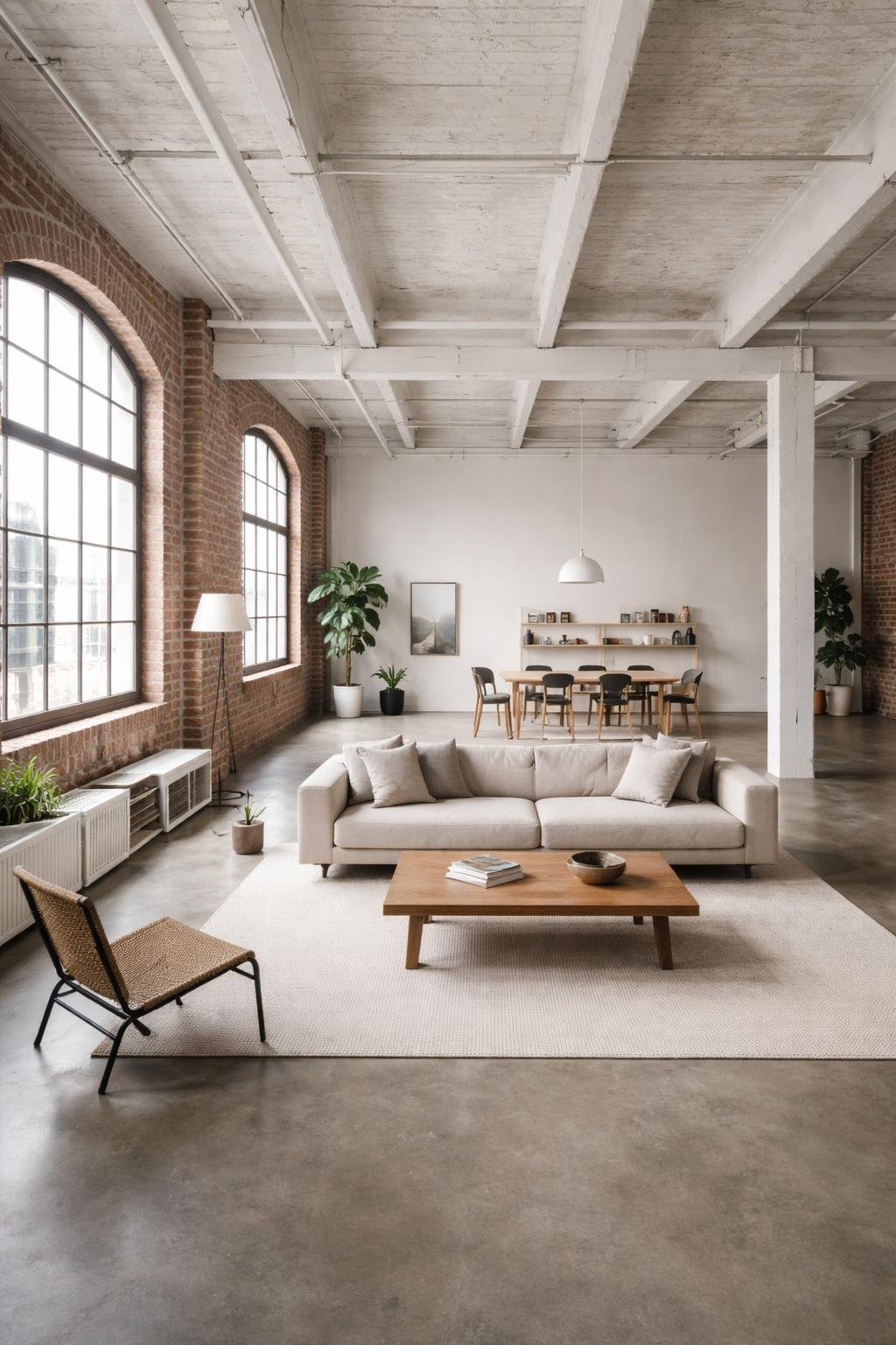 A spacious loft apartment room with exposed brick walls, large windows, a sofa, coffee table, dining area, and minimal decor.