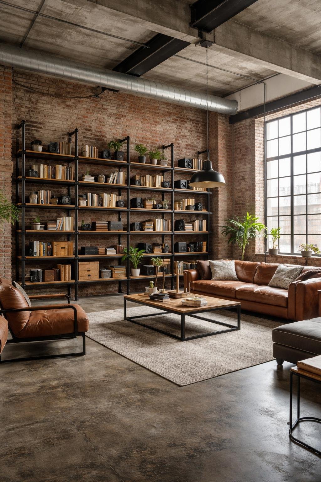 A wide view of a warehouse loft apartment featuring industrial pipe shelving filled with books and decor, a seating area with a leather sofa, large windows, exposed brick walls, and high ceilings.