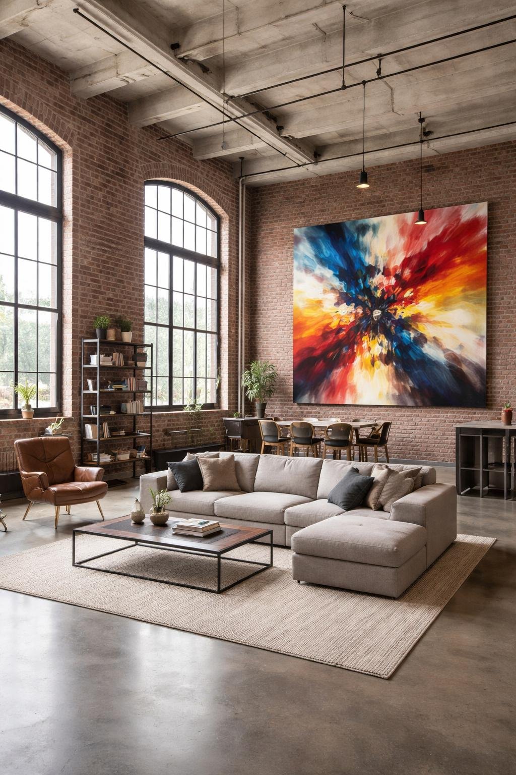 A spacious loft apartment with exposed brick walls, large windows, a sectional sofa, dining table, and a large colorful abstract painting on the wall.