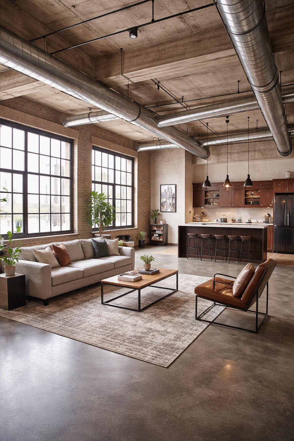 A spacious loft apartment with exposed ductwork on the ceiling, large windows, a living area with a sofa and coffee table, and a kitchen with modern cabinetry.