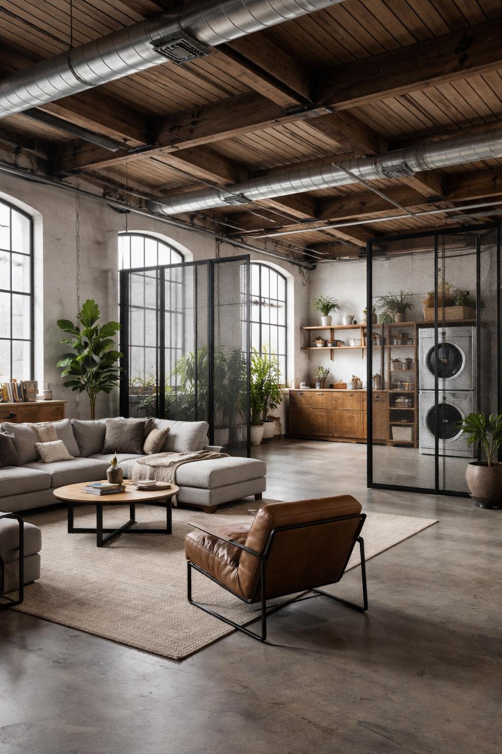 A spacious loft apartment with metal mesh dividers separating the living area from a laundry space, featuring large windows, exposed beams, and modern furniture.