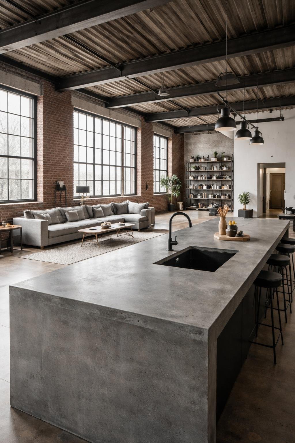 A wide view of a spacious loft apartment with a concrete countertop kitchen island, exposed brick walls, large windows, and an open living area.