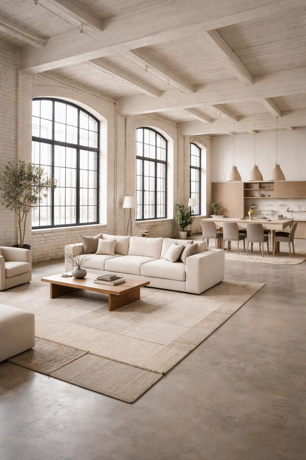 A spacious warehouse loft apartment with exposed brick walls, large windows, a neutral-colored sofa, wooden furniture, and plants.