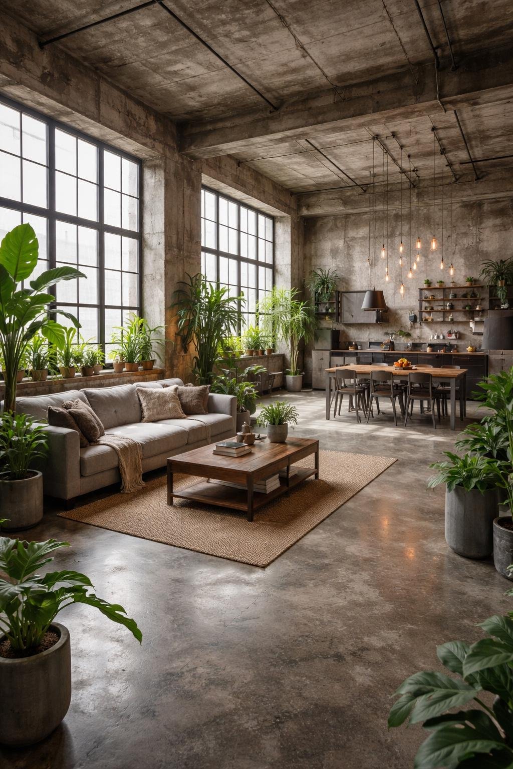 A spacious loft apartment with concrete walls and floors, large windows, industrial-style pots filled with green plants, modern furniture, and ambient lighting.