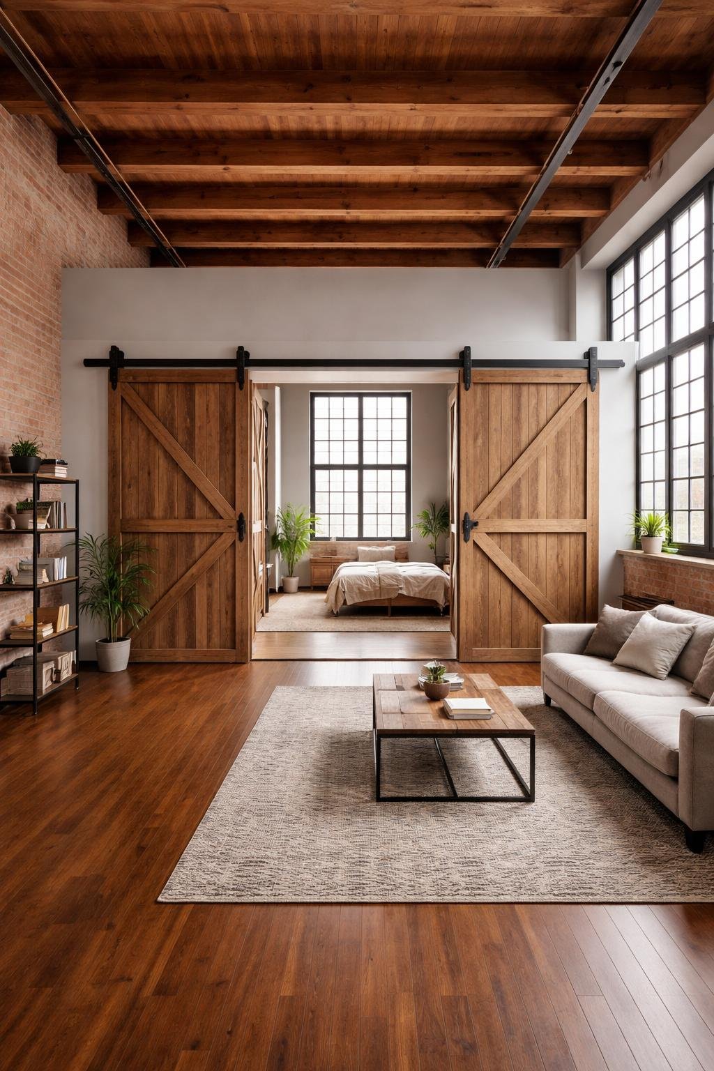 A spacious loft apartment with sliding barn doors, exposed brick walls, large windows, and a comfortable living area.