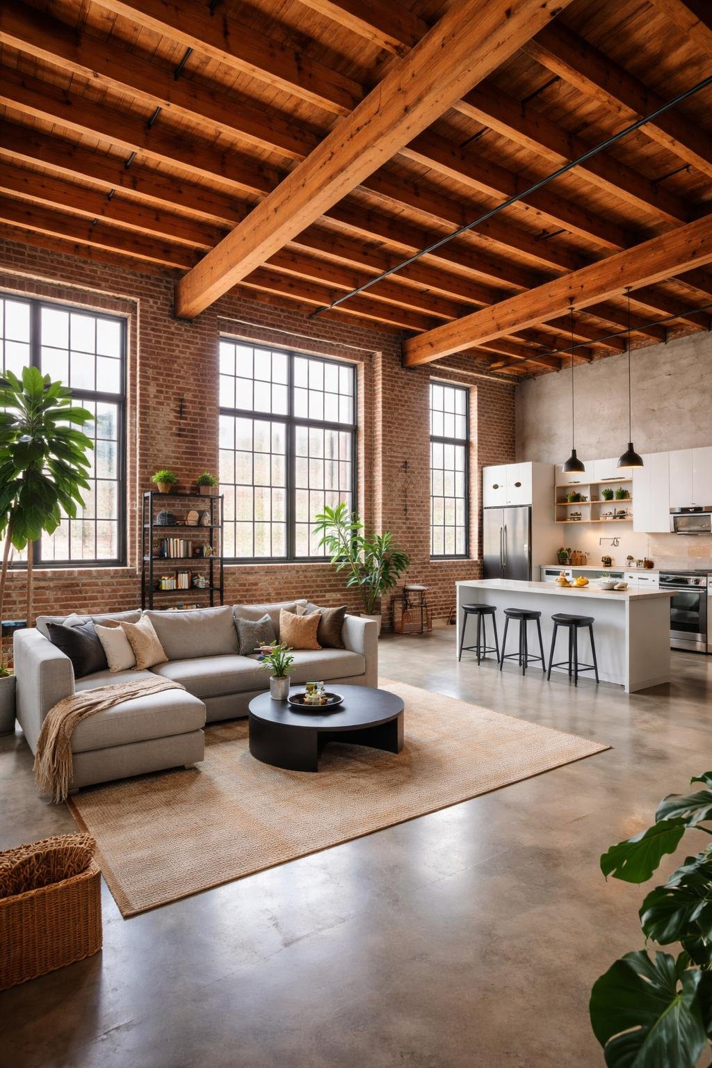 Wide view of a spacious warehouse loft apartment with high ceilings, large windows, a living area, and a kitchen, showing an open and well-organized room.