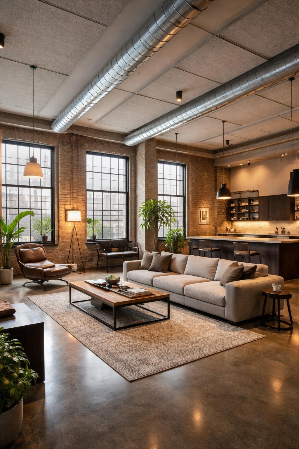 A spacious warehouse loft apartment with high ceilings, large windows, exposed brick walls, modern furniture, and well-balanced lighting and acoustic elements.