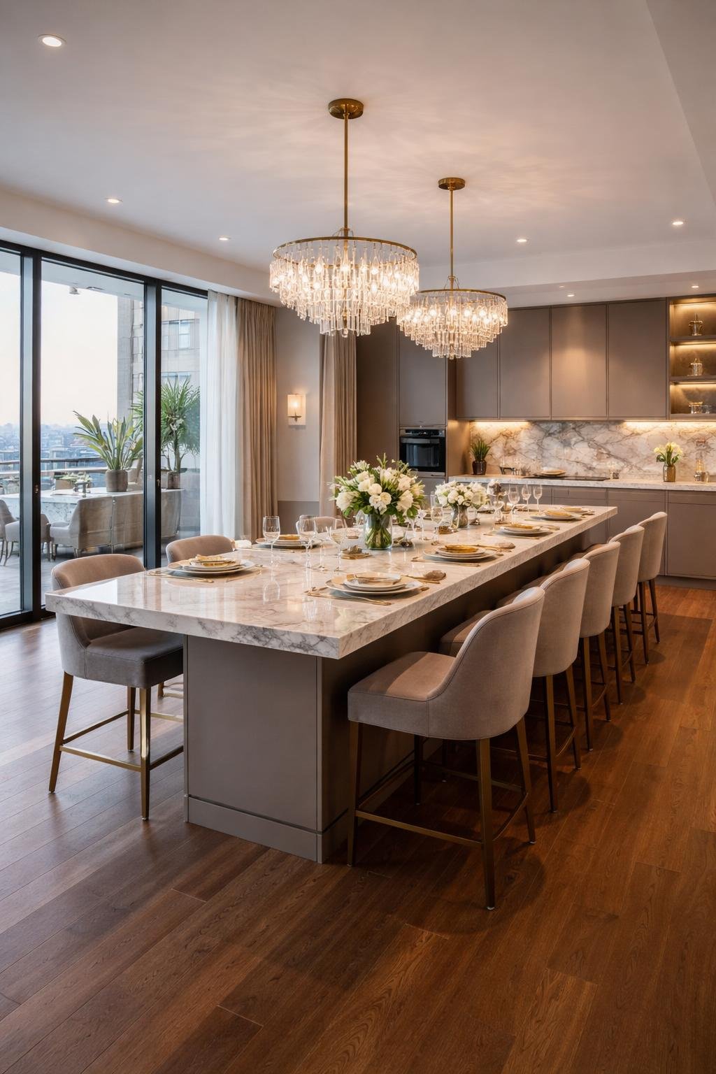 A spacious luxury apartment kitchen and dining area with a large marble countertop island set for a dinner party, surrounded by stools and illuminated by natural light from large windows.