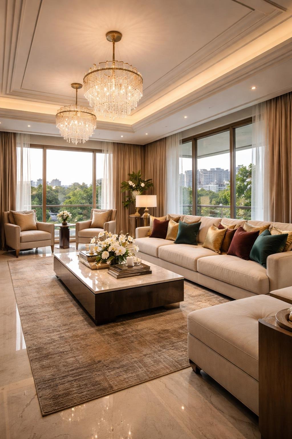 A wide view of a spacious living room with a sofa decorated with silk throw pillows, a coffee table, large windows, and various decorative elements.