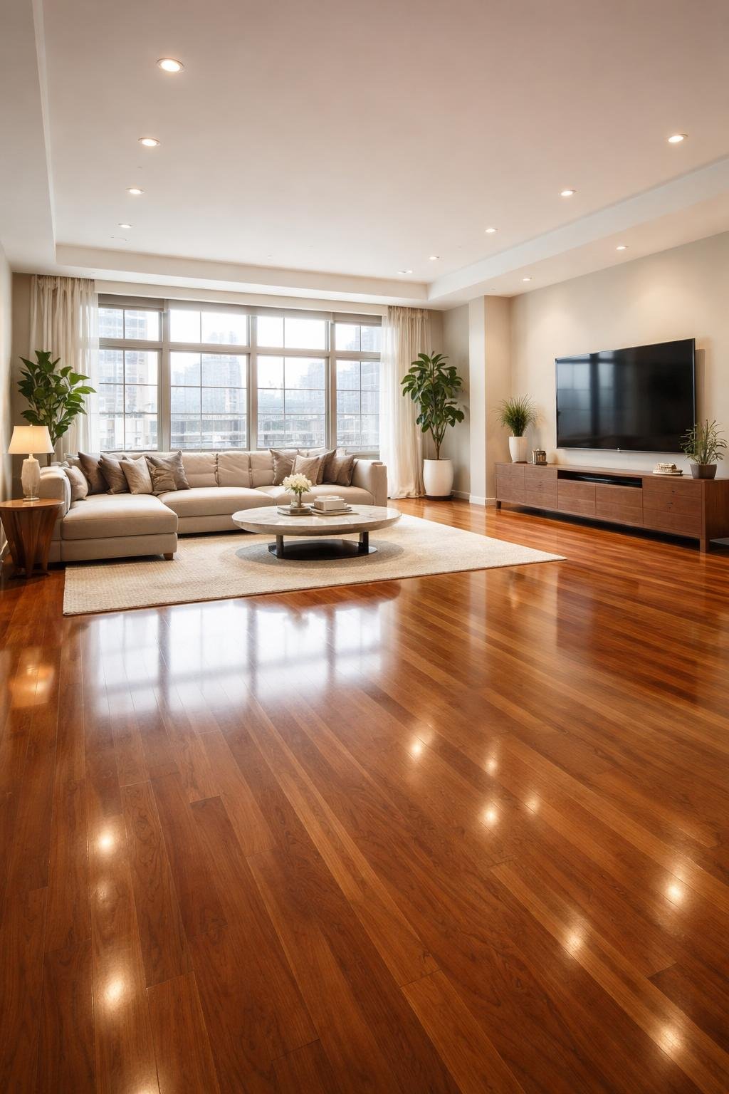 A spacious luxury apartment living room with polished hardwood floors, a sectional sofa, coffee table, large windows, and decorative accents.
