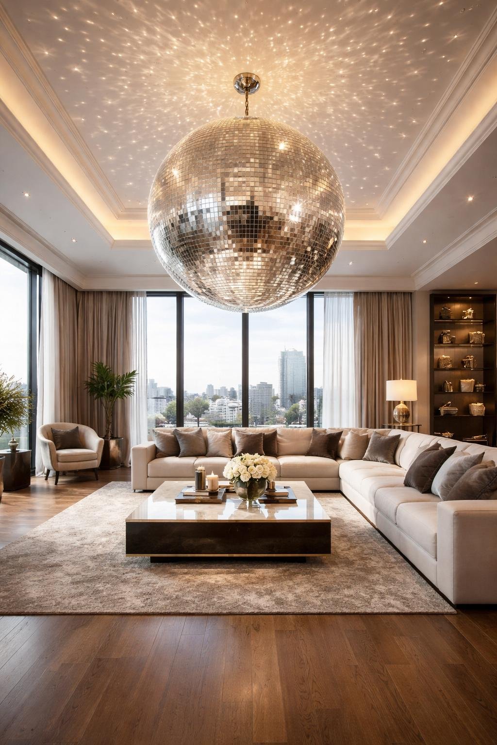 A spacious luxury apartment living room with a large chandelier that looks like a disco ball hanging from the ceiling, surrounded by modern furniture and large windows.