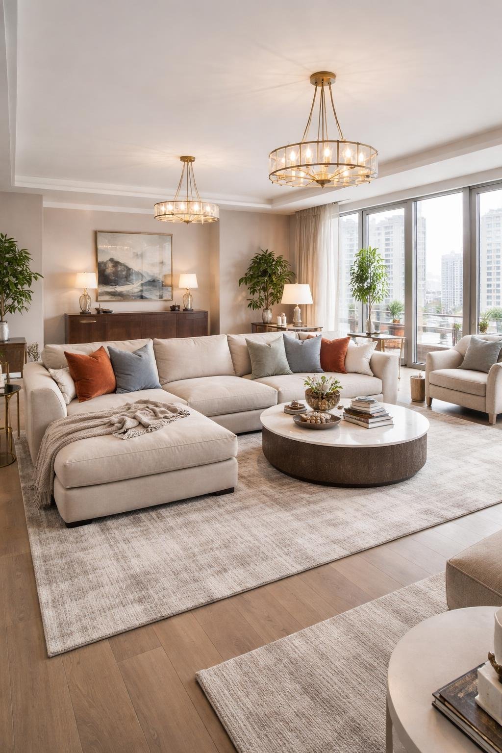 A wide view of a luxury apartment living room featuring a large sectional couch, coffee table, windows, and various furniture and decor elements arranged throughout the space.