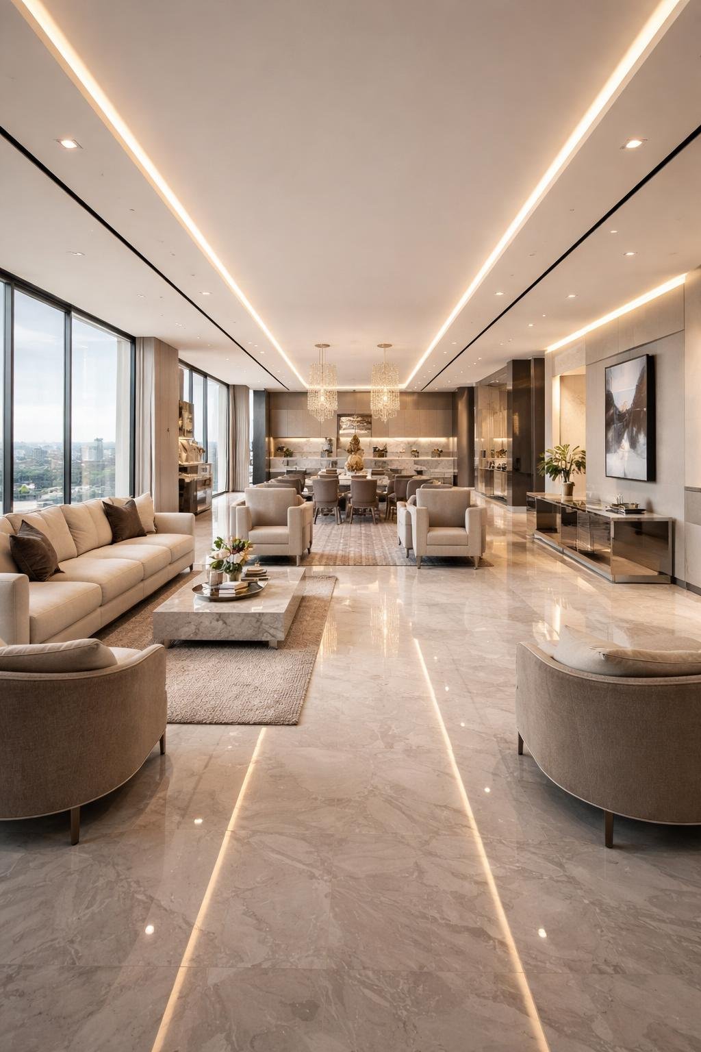 A spacious luxury apartment with an open floor plan showing living, dining, and kitchen areas in one wide, connected space.