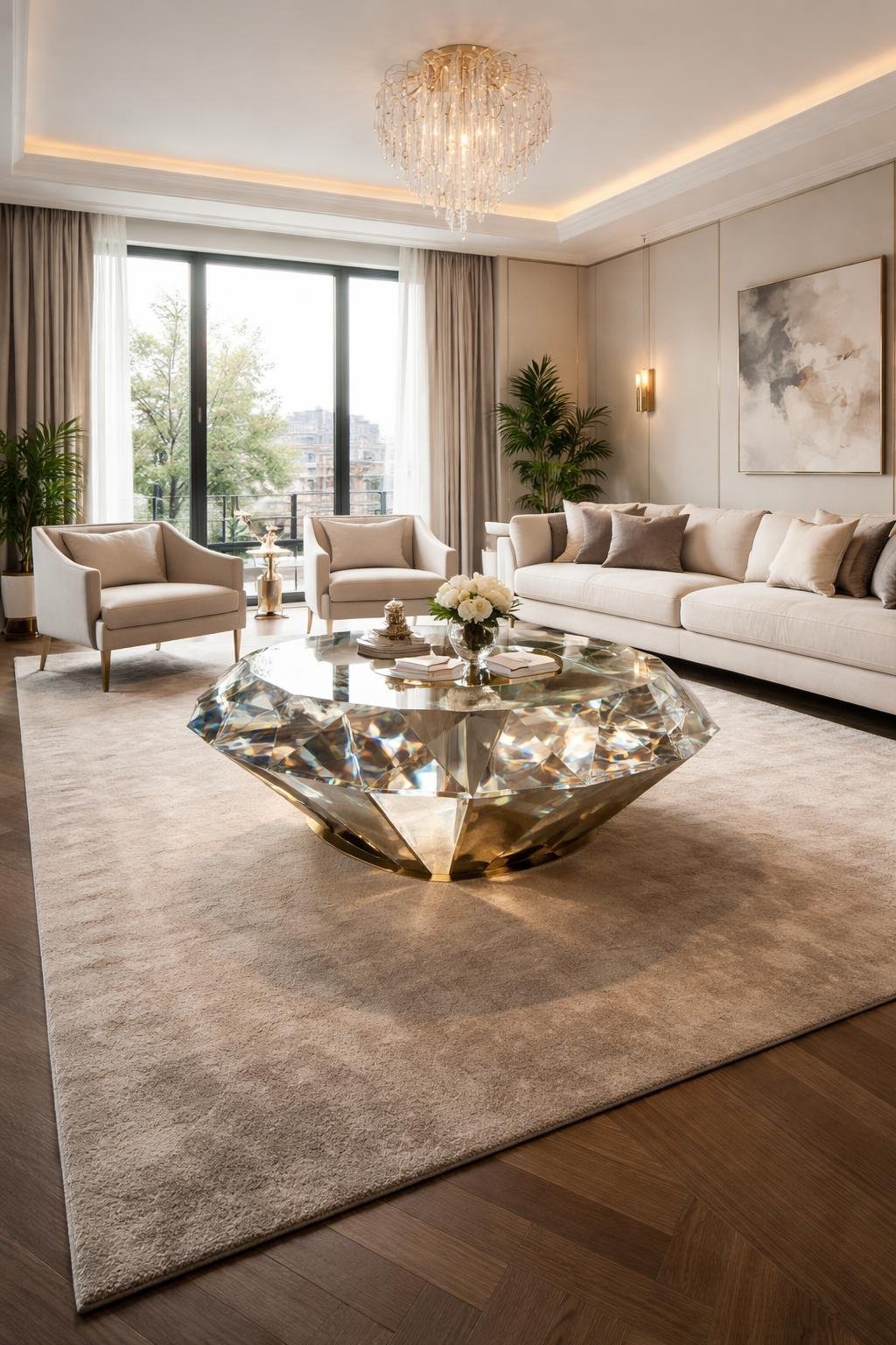 A luxury apartment living room with a large jewel-shaped coffee table in the center, surrounded by modern furniture and large windows letting in natural light.