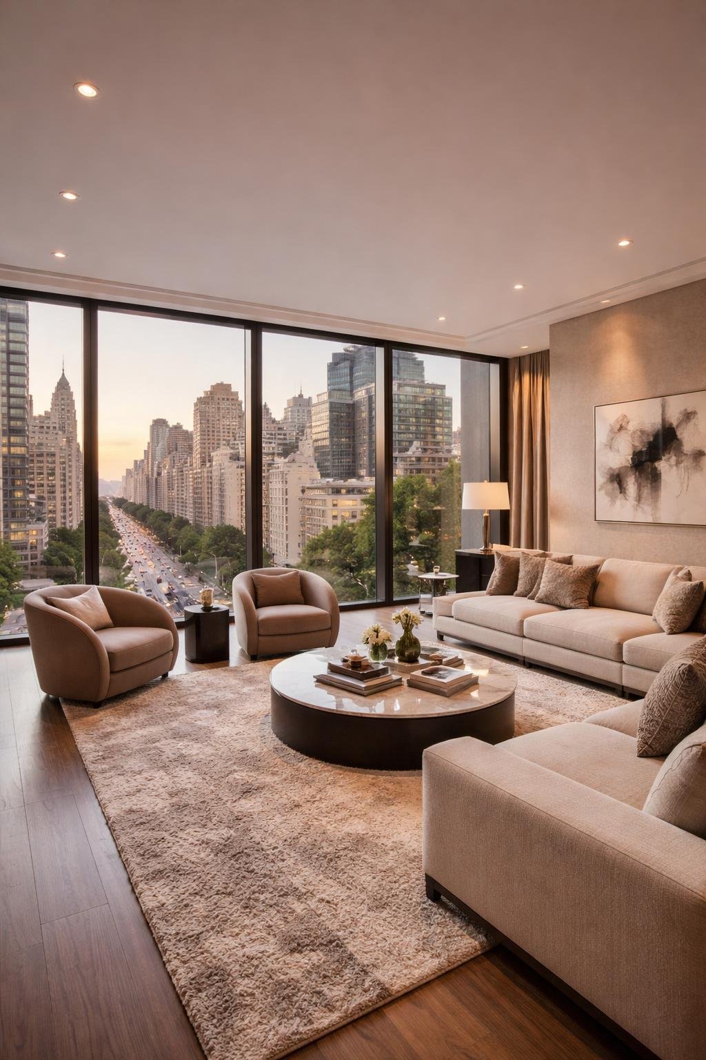 A spacious living room with floor-to-ceiling windows overlooking a city street, furnished with a sofa, armchairs, coffee table, and decorative elements.