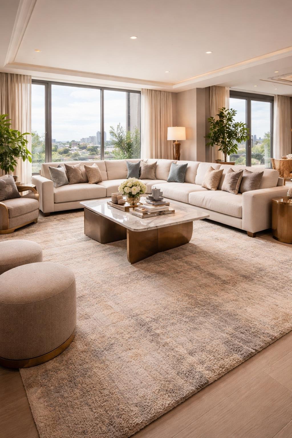 A spacious living room with plush area rugs covering the floor, modern furniture, large windows, and soft natural lighting.