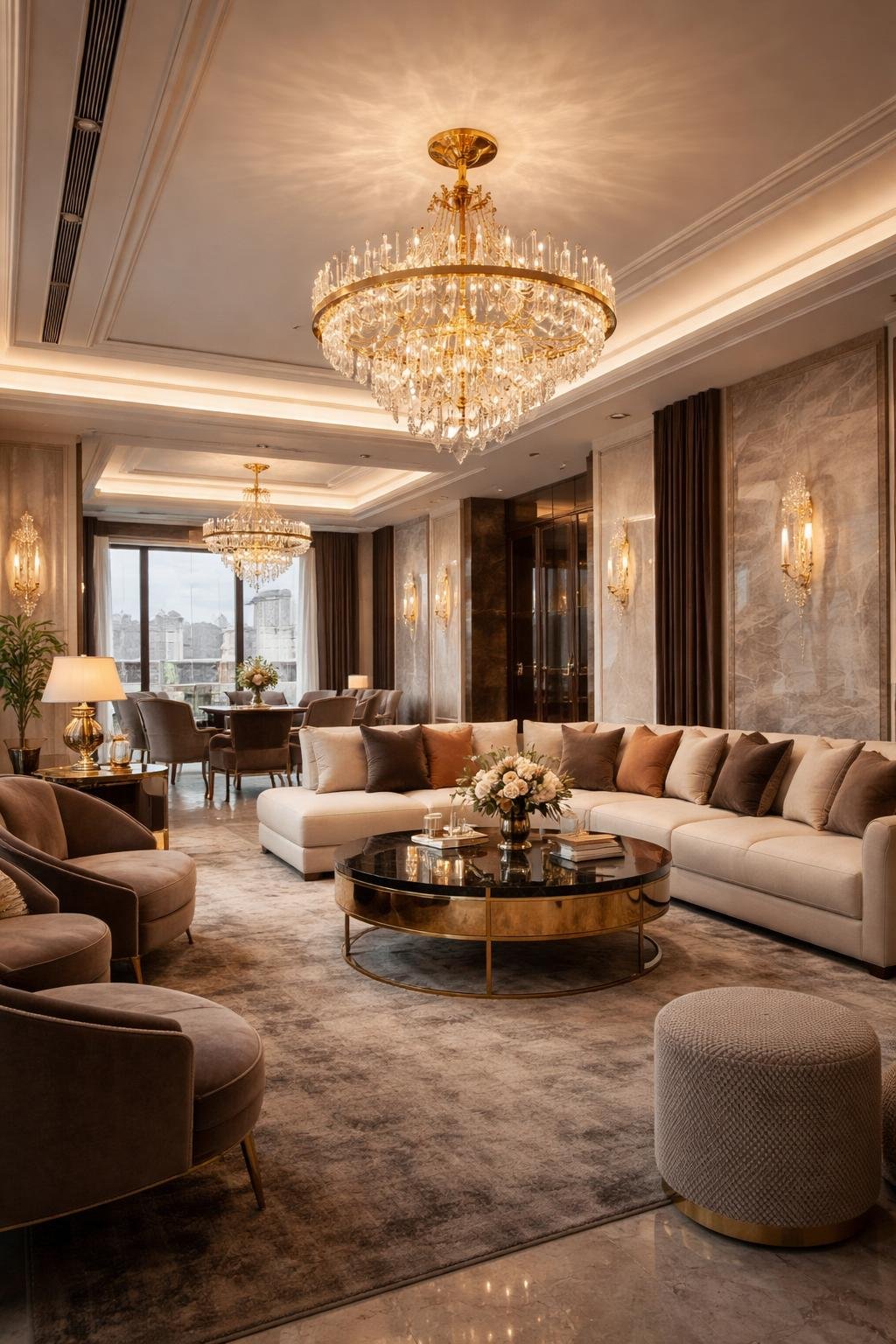 A spacious living room with gold-accented lighting fixtures, comfortable seating, and large windows letting in natural light.
