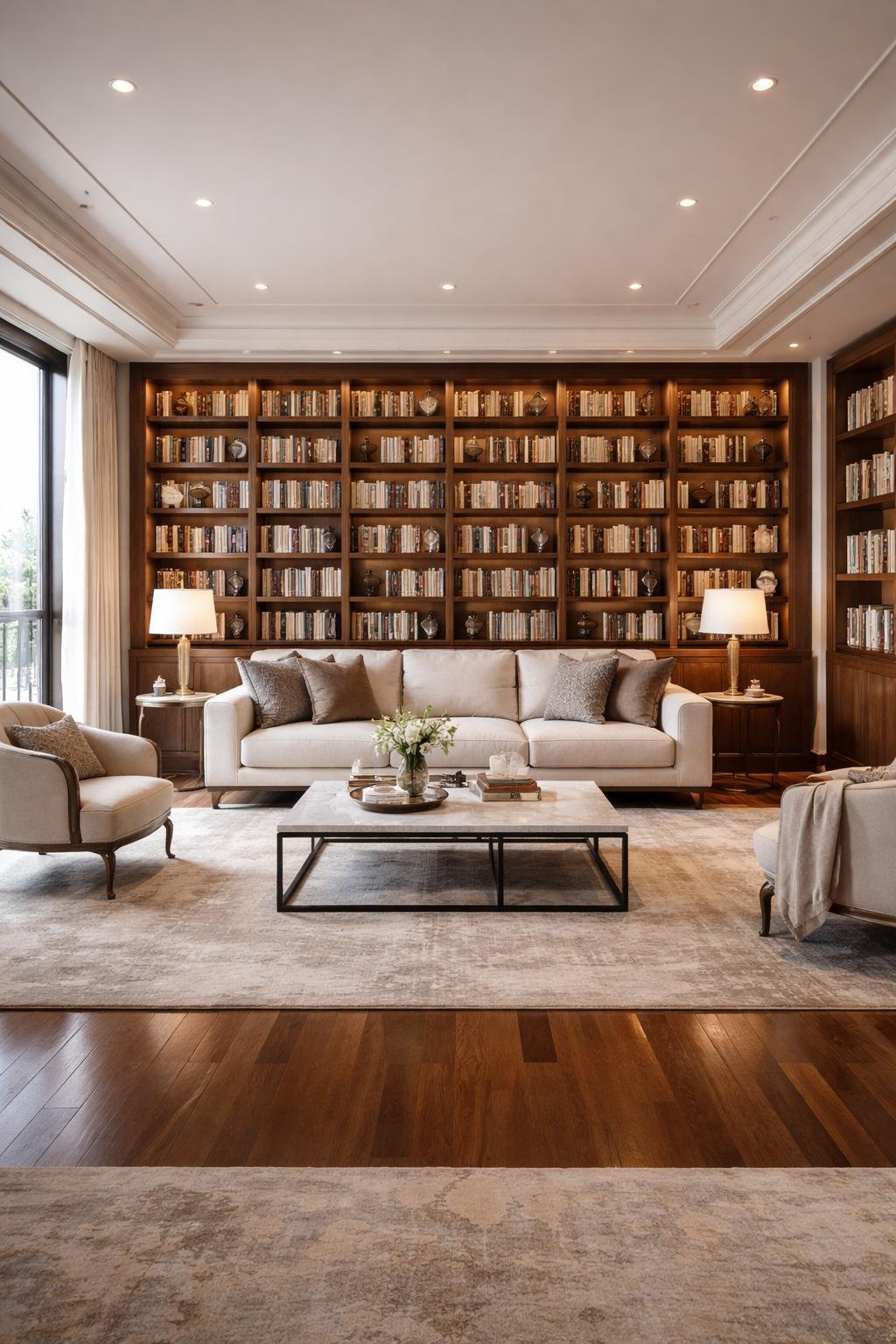 A spacious living room with built-in shelves filled with books, a sofa, coffee table, and large windows letting in natural light.