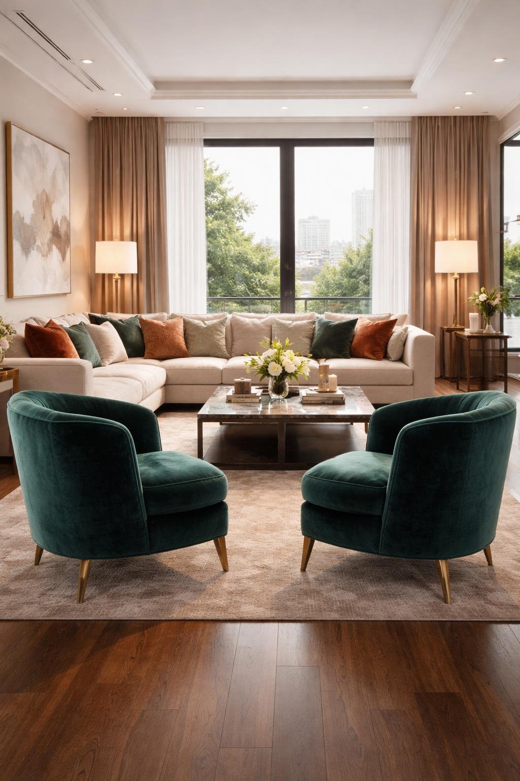 A spacious living room with two velvet armchairs, a sofa, coffee table, lamps, and large windows letting in natural light.