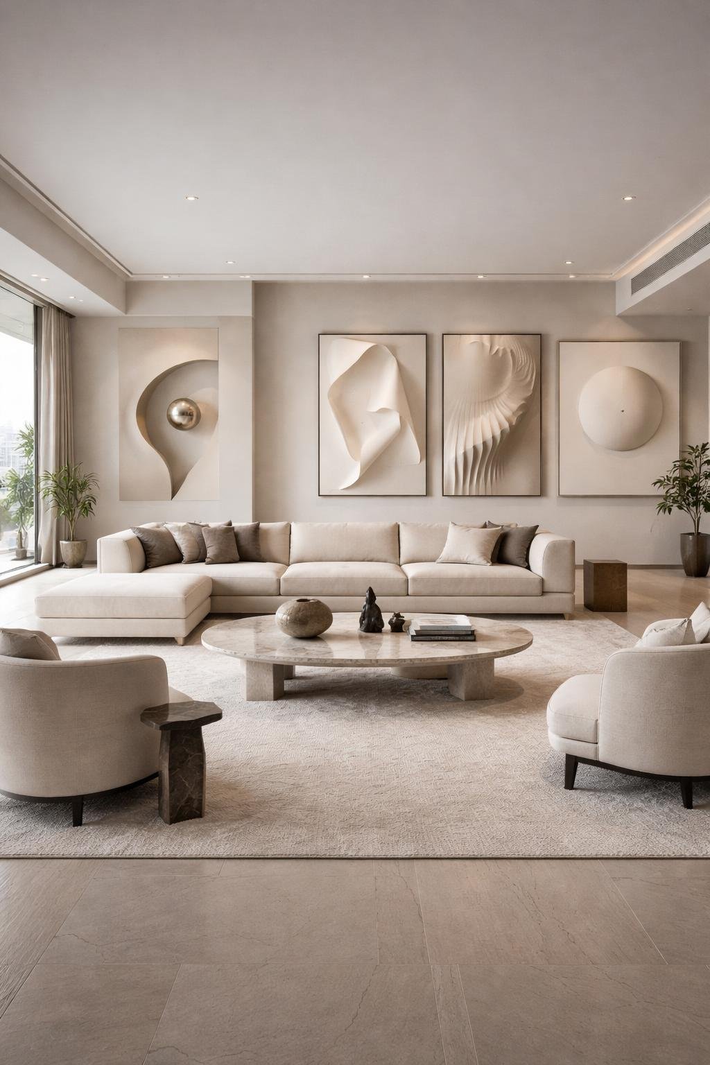 A spacious, elegant apartment living room with modern furniture, abstract art on the walls, large windows letting in natural light, and decorative plants.