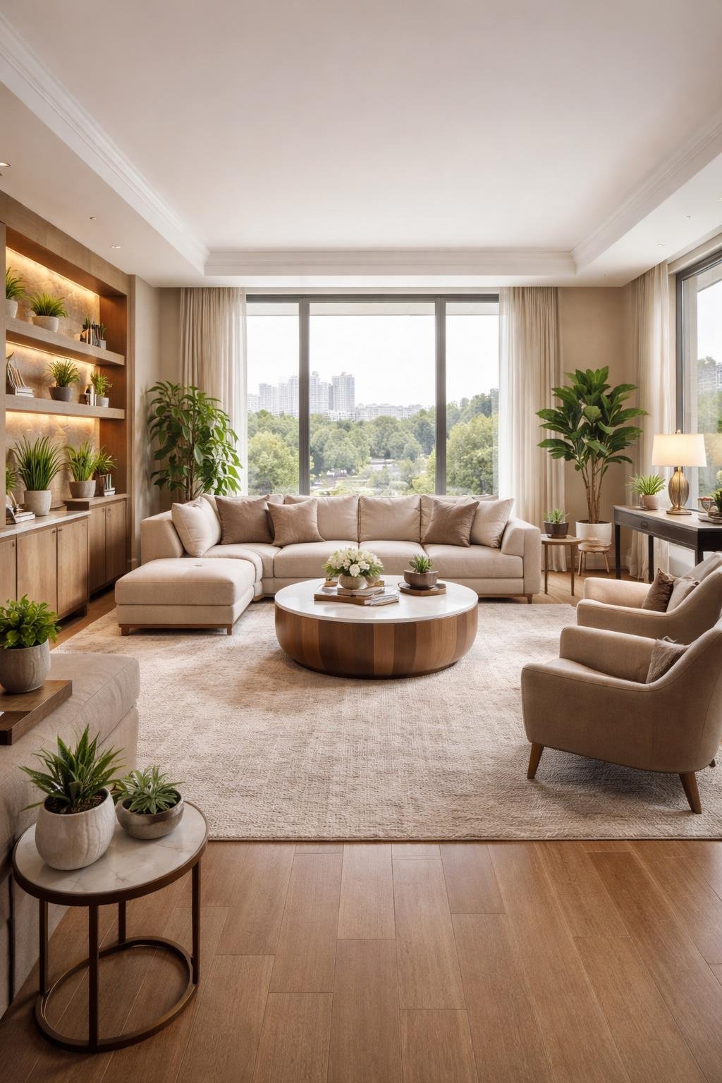 A wide view of a luxury apartment living room with modern furniture, large windows, and several indoor plants including succulents placed around the space.