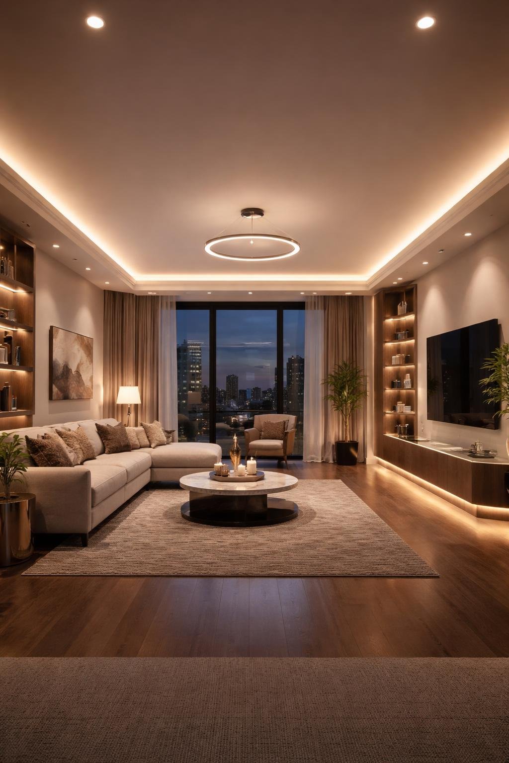 A wide view of a modern luxury apartment living room with smart lighting illuminating the space softly and evenly, featuring contemporary furniture and tasteful decor.