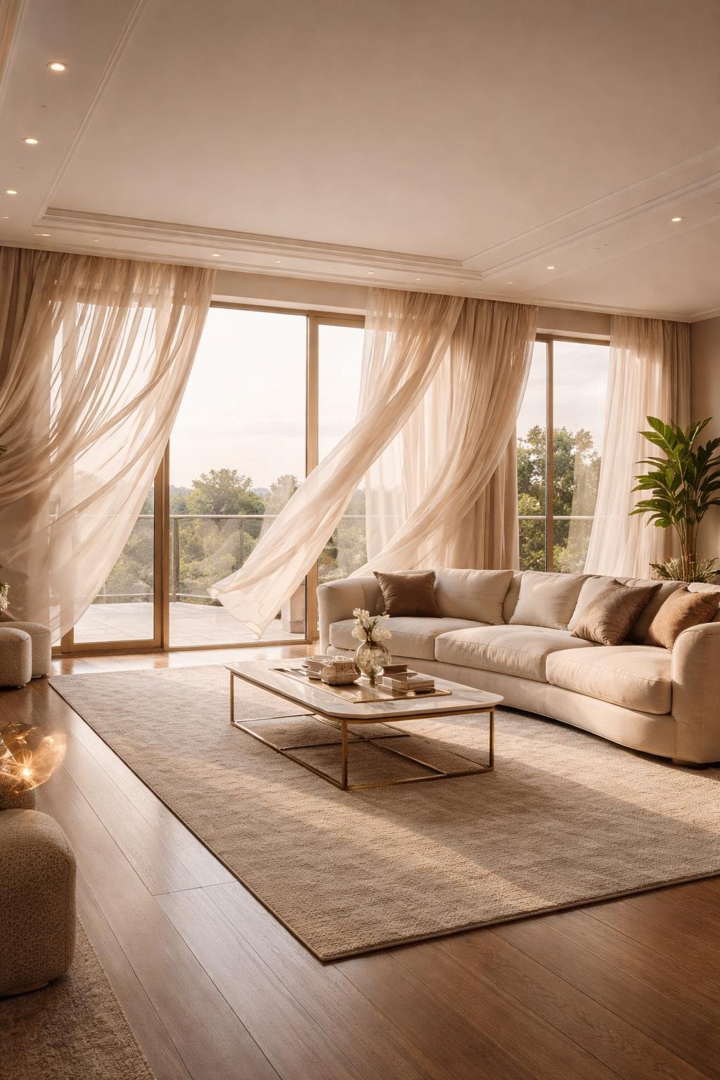 A spacious luxury apartment living room with large windows covered by flowing silk curtains, a sofa, coffee table, artwork on the walls, and plants.