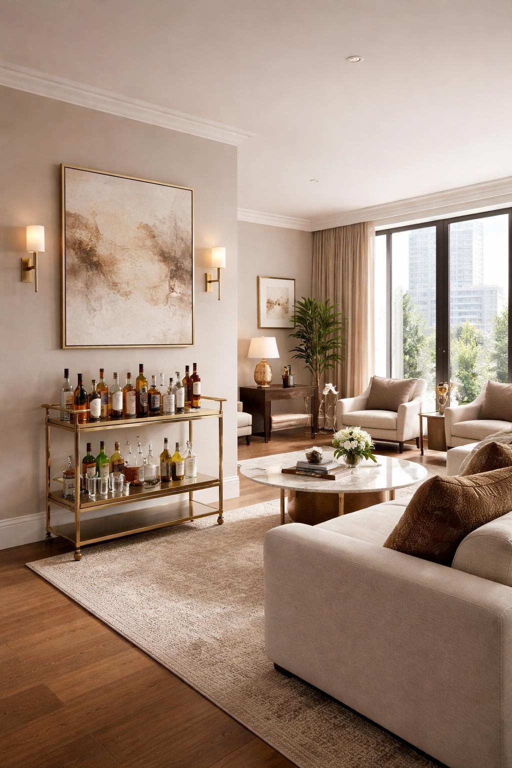 A wide view of a living room with a bar cart stocked with spirits, a sofa, coffee table, and large windows letting in natural light.