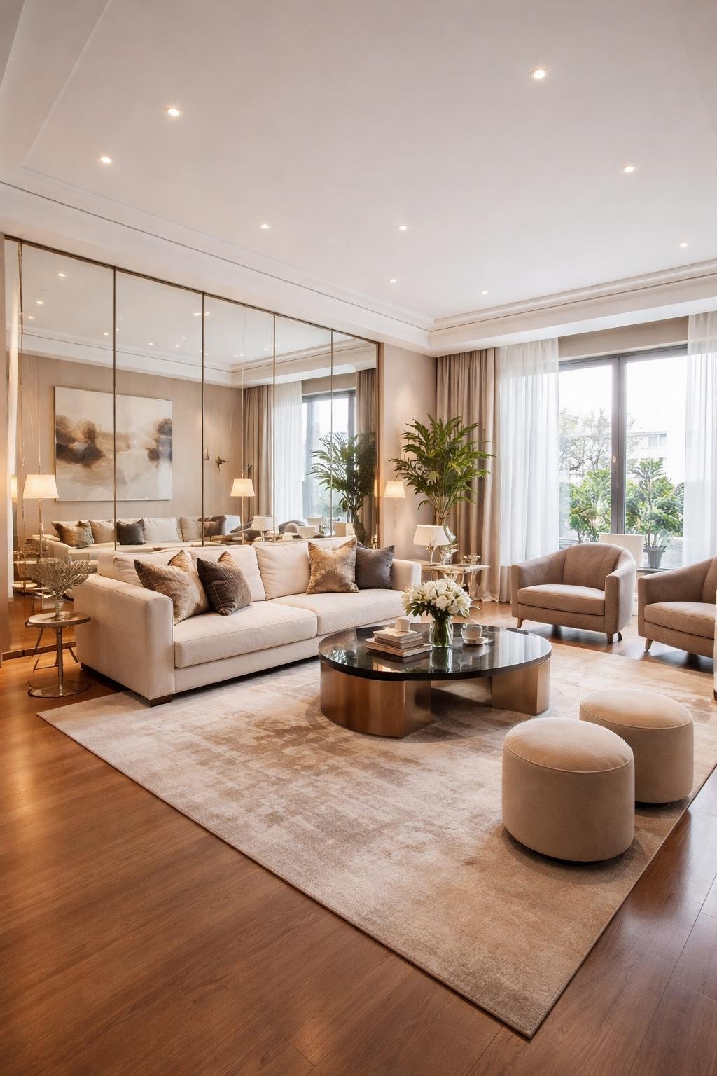 A wide view of a spacious apartment living room with large mirrors, comfortable seating, decorative plants, and natural light filling the space.