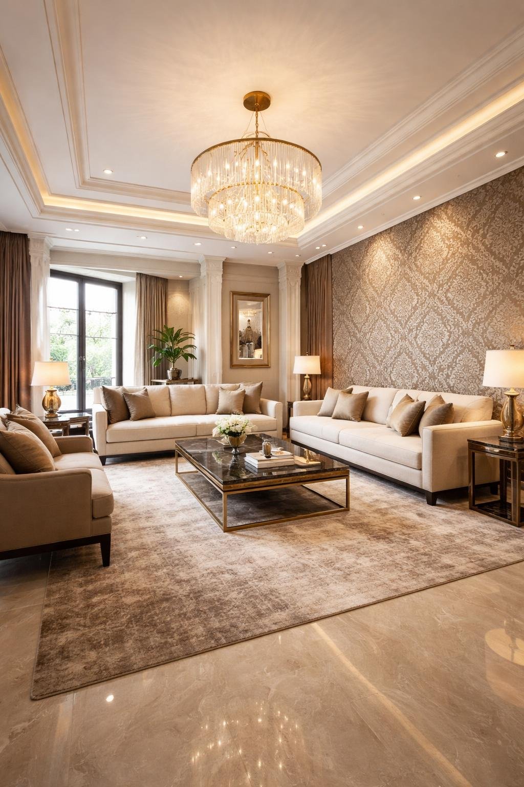 A spacious living room with textured wallpaper accent walls, a sofa set, coffee table, decorative items, and large windows letting in natural light.