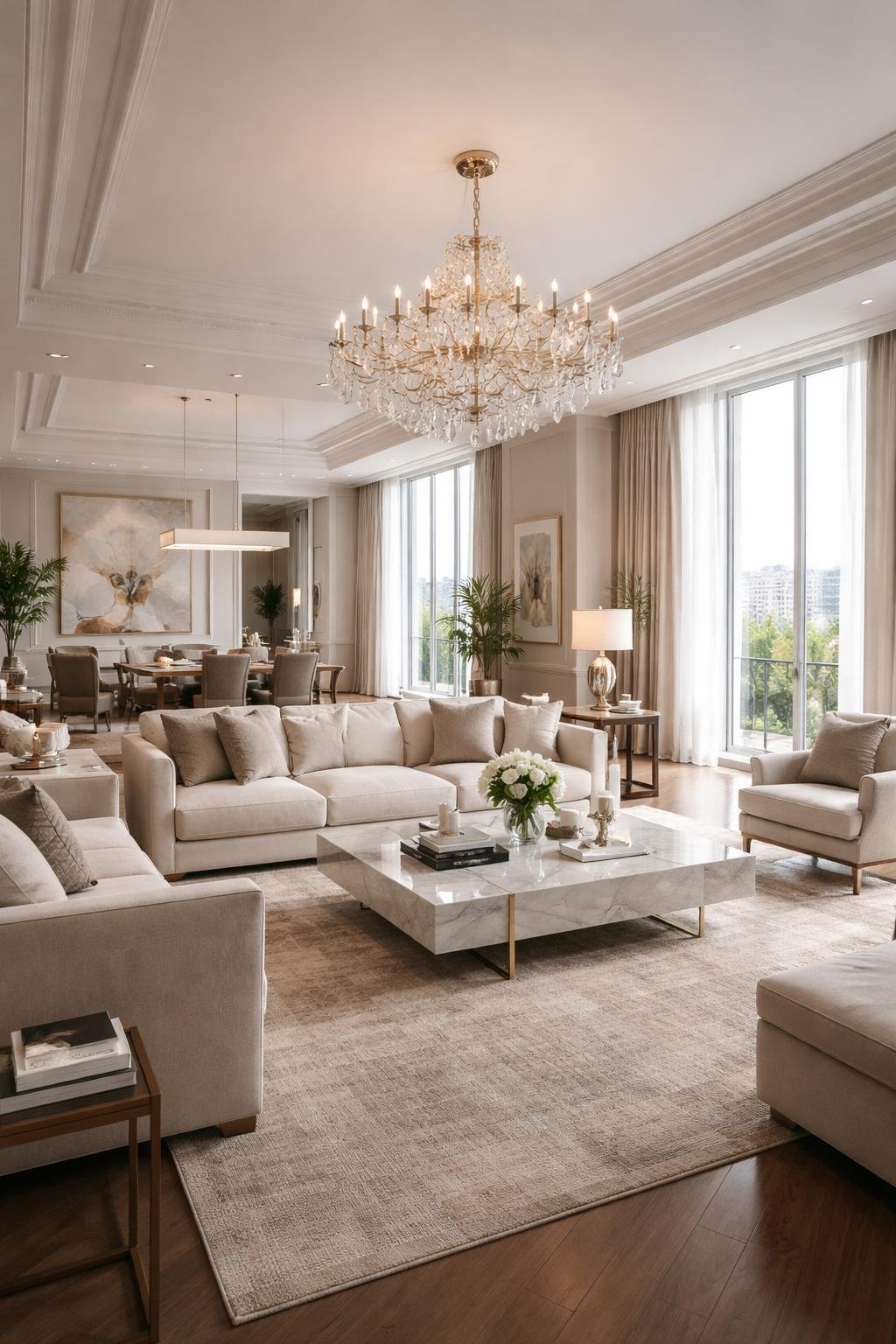 A wide view of a spacious living and dining area in a luxury apartment with large windows, comfortable seating, a dining table, and decorative elements.