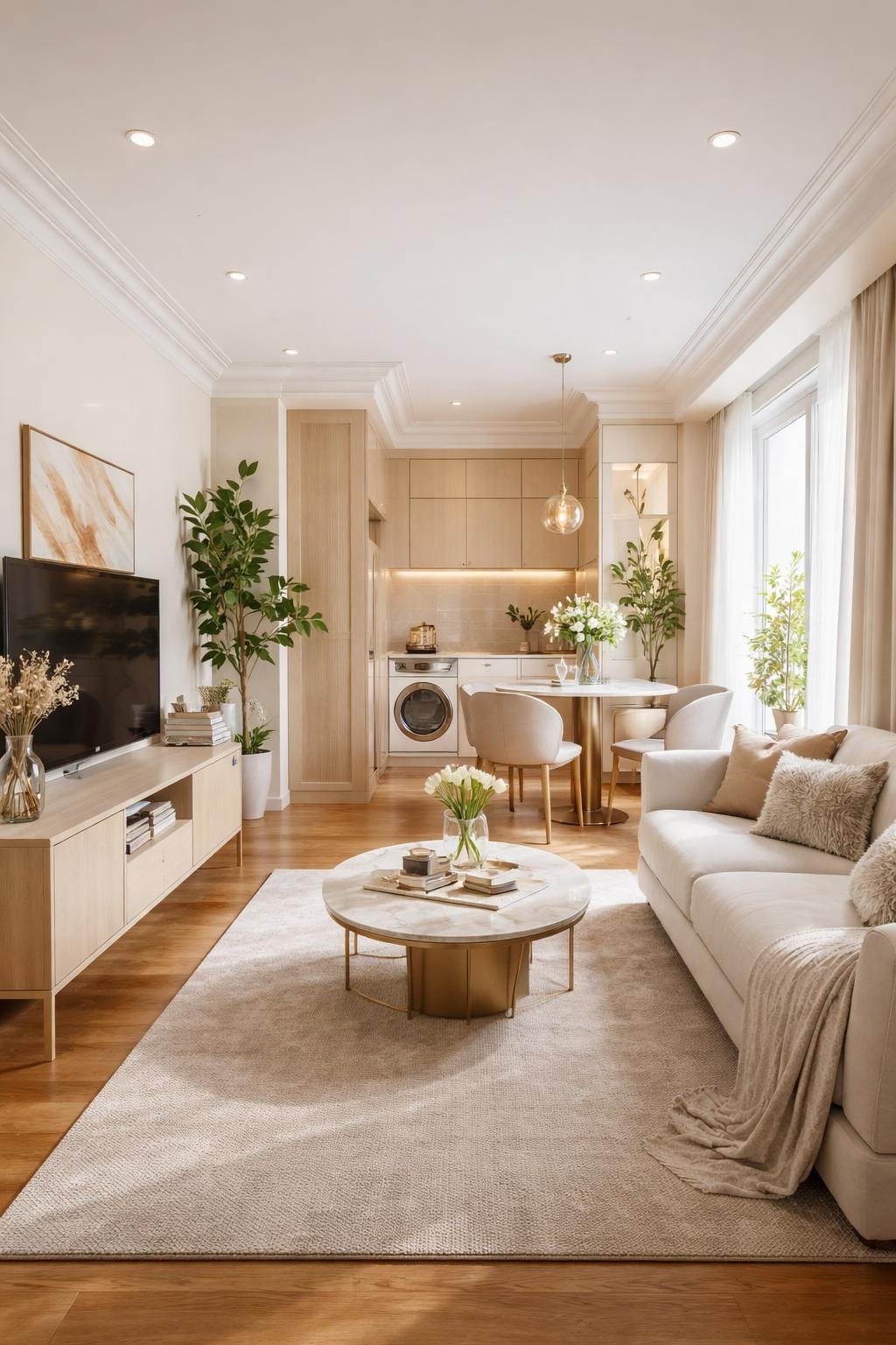 A bright and open luxury apartment room showing a living area with a sofa, coffee table, dining table with chairs, large windows, and stylish decor.